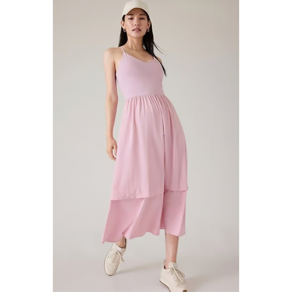 Athleta Elation V-Neck Hybrid Midi Dress Pink XL Travel Pockets Casual